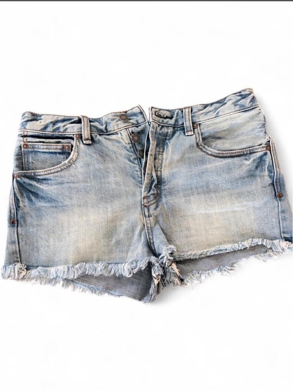 Free People Light Blue Frayed Hem Denim Shorts